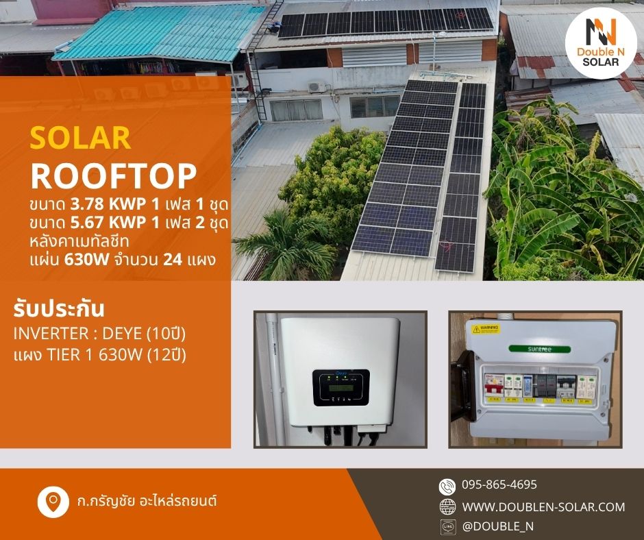 ผลงานการติดตั้งโซล่ารูฟท็อประบบ Ongrid ขนาด 3 kWp และ 5 kWp 1 เฟส ณ บริษัท ก.กรัญชัย อะไหล่รถยนต์