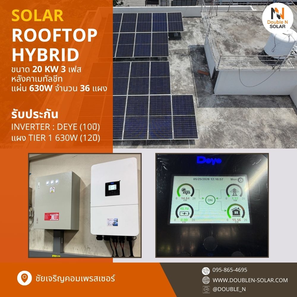 ผลงานการติดตั้งโซล่ารูฟท็อประบบ Hybrid ขนาด 20 kW 3 เฟส ณ ชัยเจริญคอมเพรสเซอร์